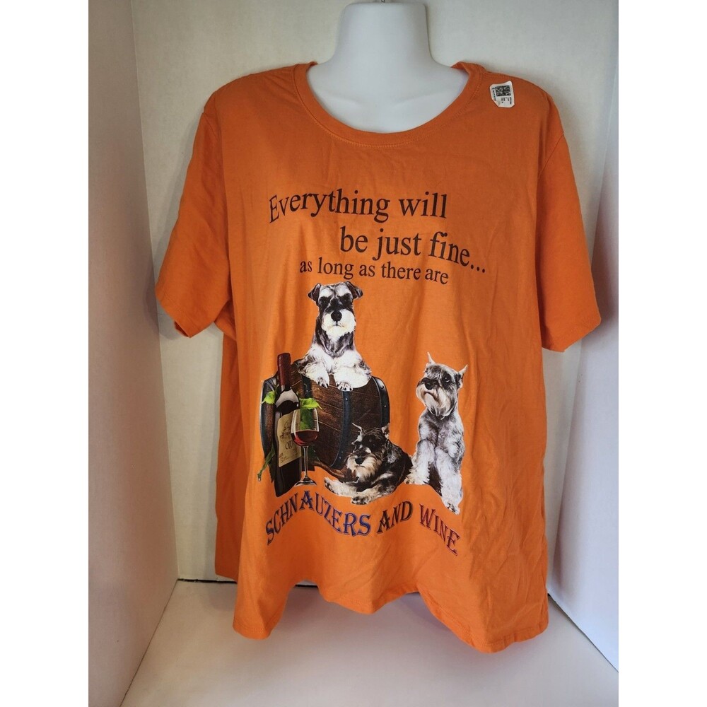 Ladies Short Sleeve Orange Tee Shirt, Schnauzer Dogs & Wine, 3XL
